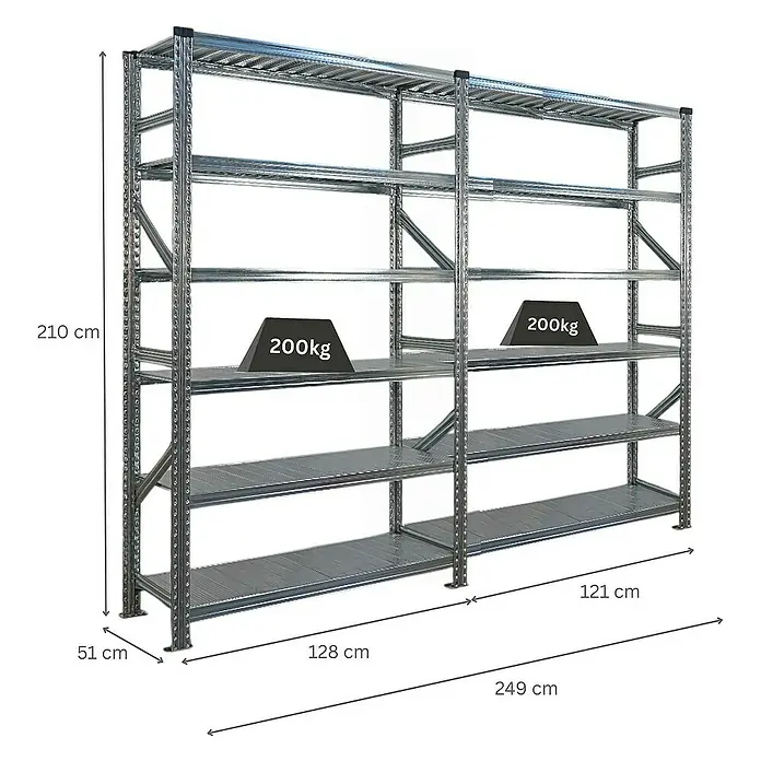 Proregal Metallregal Fachbodenregal PROXIMO 1x Grundregal + 1x Anbauregal - Traglast pro Boden: 200 kg, Anzahl Böden: 6 Stk., Stecken, Verzinkt - Abbildung eines robusten, silbernen Metallregals mit mehreren Ebenen, das für hohe Lasten ausgelegt ist. Das Regal ist mit Gewichtsangaben versehen.