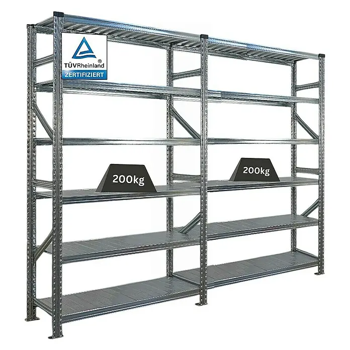 Proregal Metallregal Fachbodenregal PROXIMO 1x Grundregal + 1x Anbauregal - Traglast pro Boden: 200 kg, Anzahl Böden: 6 Stk., Stecken, Verzinkt - Metallregal mit mehreren Ebenen und Gewichtsangaben, zertifiziert für hohe Traglasten.