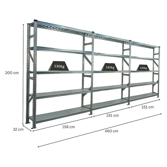 Proregal Metallregal Fachbodenregal PROXIMO 1x Grundregal + 2x Anbauregal - Traglast pro Boden: 130 kg, Anzahl Böden: 5 Stk., Stecken, Verzinkt - Regalsystem mit vier Ebenen, ideal für Lagerung und Organisation. Die Regale sind belastbar und vielseitig einsetzbar.