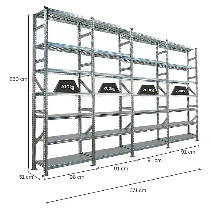 Proregal Metallregal Fachbodenregal PROXIMO 1x Grundregal + 3x Anbauregal - Traglast pro Boden: 200 kg, Anzahl Böden: 7 Stk., Stecken, Verzinkt - Aufnahme eines Schwerlastregals mit mehreren Regalböden, belastbar mit je 200 kg, ideal für Lager und Werkstatt.
