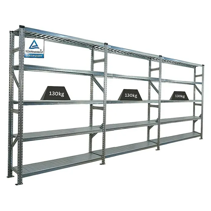 Proregal Metallregal Fachbodenregal PROXIMO 1x Grundregal + 2x Anbauregal - Traglast pro Boden: 130 kg, Anzahl Böden: 5 Stk., Stecken, Verzinkt - Abbildung eines Schwerlastregals mit drei Ebenen und Gewichten. TÜV Rheinland zertifiziertes Produkt für hohe Belastbarkeit.