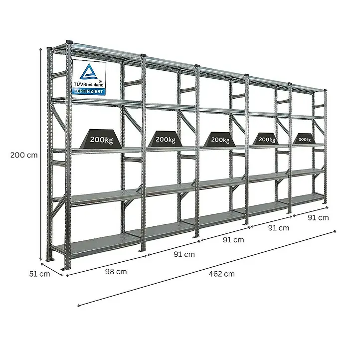 Proregal Metallregal Fachbodenregal PROXIMO 1x Grundregal + 4x Anbauregal - Traglast pro Boden: 200 kg, Anzahl Böden: 5 Stk., Stecken, Verzinkt - Schwerlastregal mit TÜV-Rheinland Zertifizierung, 200 cm hoch und 462 cm breit, ideal für Lagerung.
