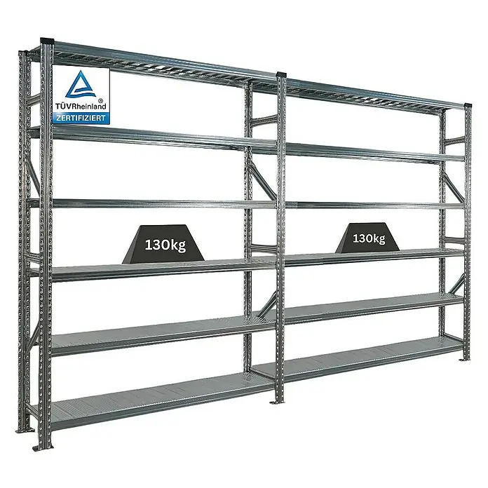 Proregal Metallregal Fachbodenregal PROXIMO 1x Grundregal + 1x Anbauregal - Traglast pro Boden: 200 kg, Anzahl Böden: 6 Stk., Stecken, Verzinkt - Metallregal mit fünf Regalböden, zertifiziert und belastbar.