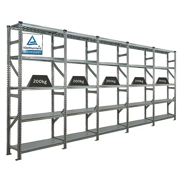 Proregal Metallregal Fachbodenregal PROXIMO 1x Grundregal + 4x Anbauregal - Traglast pro Boden: 200 kg, Anzahl Böden: 5 Stk., Stecken, Verzinkt - Schwerlastregal mit fünf Ebenen und Gewichtsangabe.