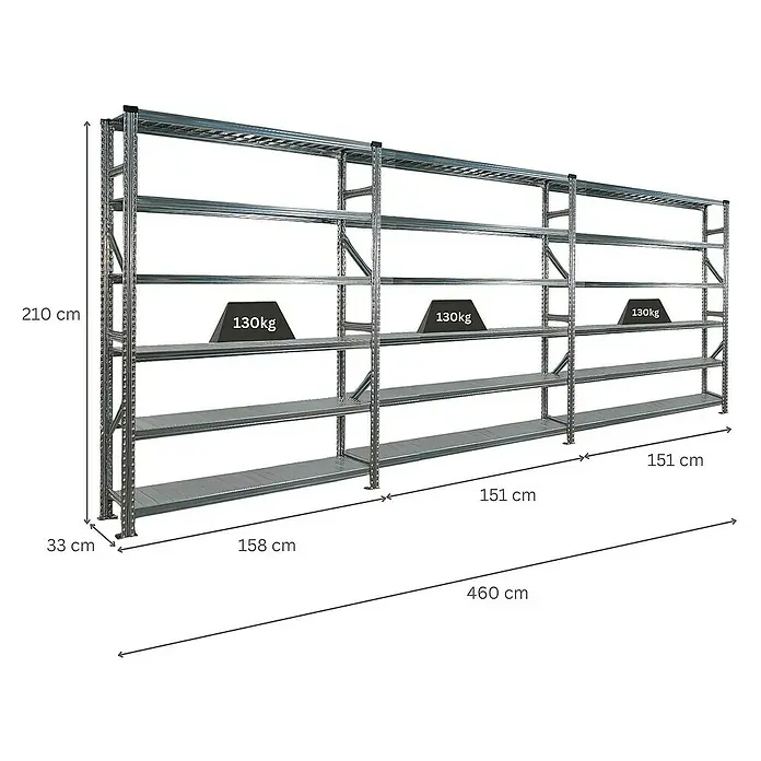 Proregal Metallregal Fachbodenregal PROXIMO 1x Grundregal + 2x Anbauregal - Traglast pro Boden: 200 kg, Anzahl Böden: 6 Stk., Stecken, Verzinkt - Das Bild zeigt ein Schwerlastregal aus Metall mit mehreren Regalböden, die mit Gewichten von 130 kg belastet sind.