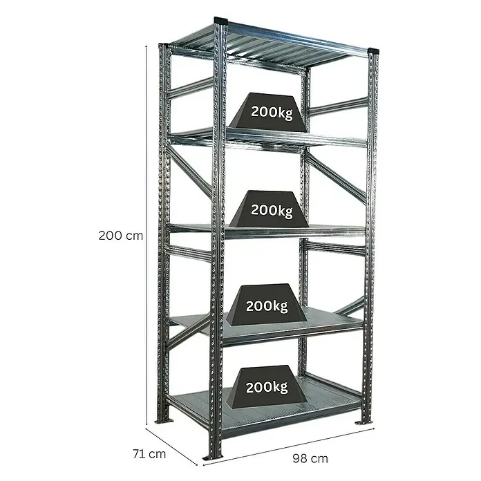 Proregal Metallregal Fachbodenregal PROXIMO Grundregal - Traglast pro Boden: 200 kg, Anzahl Böden: 5 Stk., Stecken, Verzinkt - Metallregal mit vier Ebenen, jeweils mit 200 kg belastet, Gesamtmaße 200 cm hoch, 71 cm tief und 98 cm breit, ideal für Lagerung.