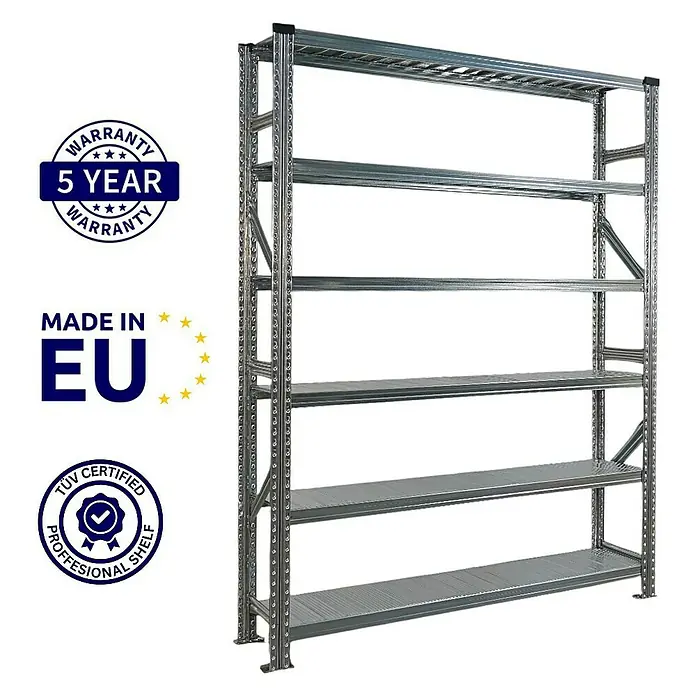 Proregal Metallregal Fachbodenregal PROXIMO 1x Grundregal + 2x Anbauregal - Traglast pro Boden: 200 kg, Anzahl Böden: 6 Stk., Stecken, Verzinkt - Abbildung eines robusten Metallregals mit mehreren Ebenen, ideal für Lagerung und Organisation.