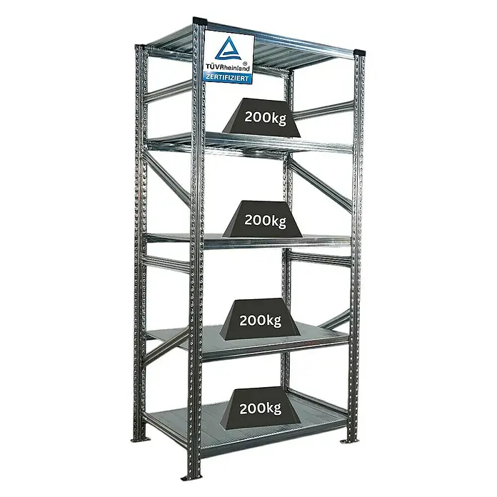 Proregal Metallregal Fachbodenregal PROXIMO Grundregal - Traglast pro Boden: 200 kg, Anzahl Böden: 5 Stk., Stecken, Verzinkt - Schwerlastregal mit vier Ebenen, jeweils mit 200kg belastbar, TÜV-Rheinland zertifiziert für sichere Lagerung.