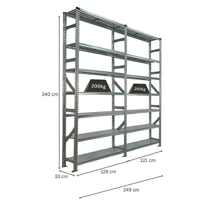 Proregal Metallregal Fachbodenregal PROXIMO 1x Grundregal + 1x Anbauregal - H x B x T: 240 x 120 x 32 cm, Traglast pro Boden: 200 kg, Anzahl Böden: 7 Stk., Stecken, Verzinkt - Abbildung eines Schwerlastregals mit den Maßen 240 x 128 x 33 cm und 249 x 121 cm, das mit 200 kg belastet ist.