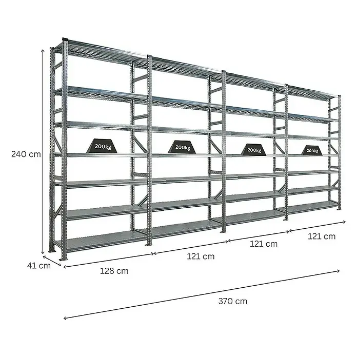 Proregal Metallregal Fachbodenregal PROXIMO 1x Grundregal + 3x Anbauregal - H x B x T: 240 x 120 x 40 cm, Traglast pro Boden: 200 kg, Anzahl Böden: 7 Stk., Stecken, Verzinkt - Ein großes, graues Schwerlastregal mit mehreren Regalböden, das für schwere Lasten wie 200 kg pro Ebene ausgelegt ist.