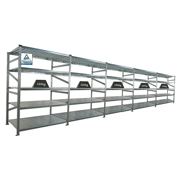 Proregal Metallregal Fachbodenregal PROXIMO 1x Grundregal + 4x Anbauregal - Traglast pro Boden: 130 kg, Anzahl Böden: 5 Stk., Stecken, Verzinkt - Silbernes Schwerlastregal mit mehreren Ebenen und Gewichtstests bis 130kg.