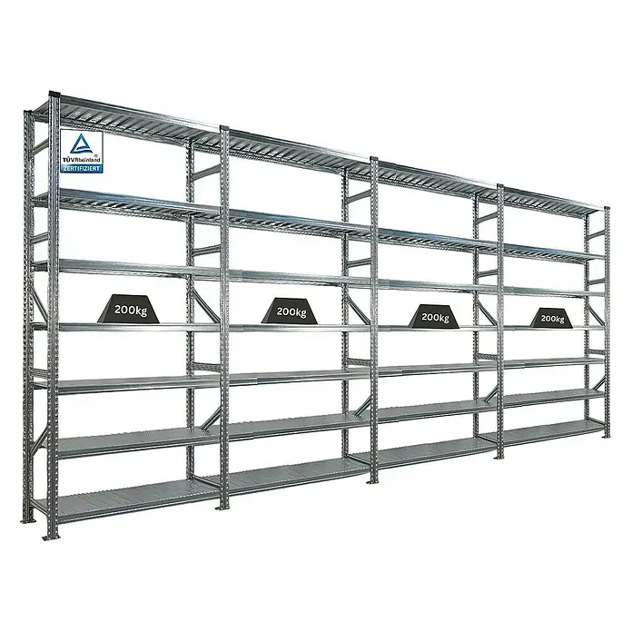 Proregal Metallregal Fachbodenregal PROXIMO 1x Grundregal + 3x Anbauregal - H x B x T: 240 x 120 x 40 cm, Traglast pro Boden: 200 kg, Anzahl Böden: 7 Stk., Stecken, Verzinkt - Schwerlastregal aus Metall mit mehreren Fächern und einer Traglast von 200 kg pro Fach.