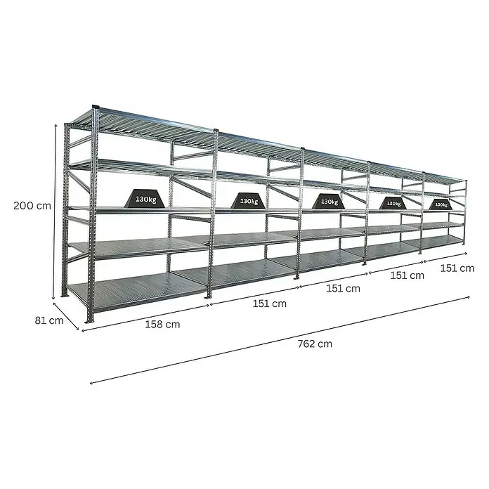 Proregal Metallregal Fachbodenregal PROXIMO 1x Grundregal + 4x Anbauregal - Traglast pro Boden: 130 kg, Anzahl Böden: 5 Stk., Stecken, Verzinkt - Ein langes, mehrstöckiges Metallregal ist abgebildet, mit Gewichtsangaben auf den Regalböden und Maßangaben an den Seiten.