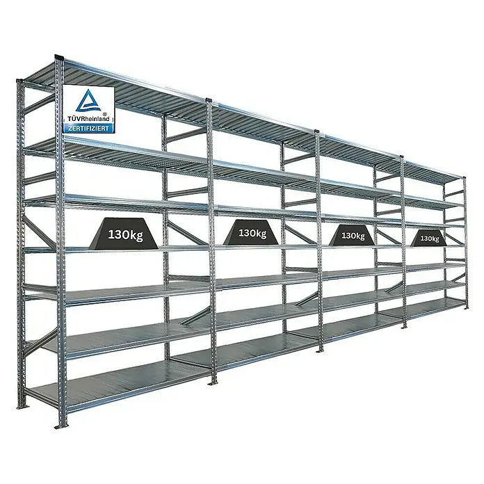 Proregal Metallregal Fachbodenregal PROXIMO 1x Grundregal + 3x Anbauregal - Traglast pro Boden: 200 kg, Anzahl Böden: 7 Stk., Stecken, Verzinkt - Regal mit mehreren Ebenen und einer Traglast von 130 kg pro Ebene, zertifiziert vom TÜV Rheinland für hohe Qualitätsstandards.