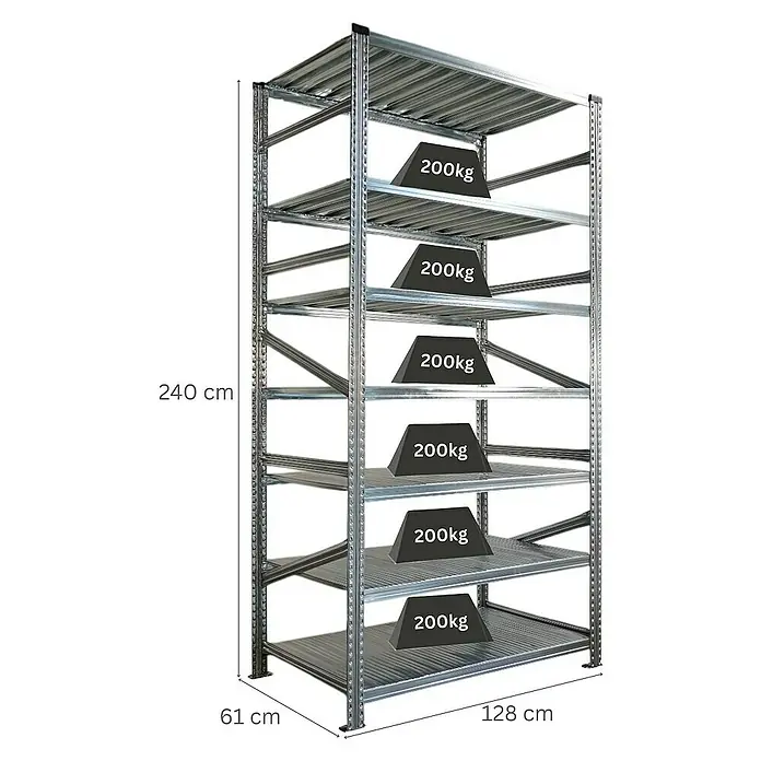 Proregal Metallregal Fachbodenregal PROXIMO Grundregal - H x B x T: 240 x 120 x 60 cm, Traglast pro Boden: 200 kg, Anzahl Böden: 7 Stk., Stecken, Verzinkt - Ein hohes Metallregal mit sechs Ablagen, die jeweils mit 200 kg belastet sind. Die Maße des Regals sind angegeben.