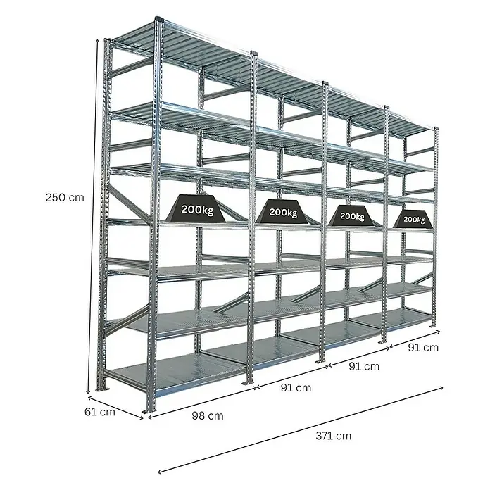 Proregal Metallregal Fachbodenregal PROXIMO 1x Grundregal + 3x Anbauregal - Traglast pro Boden: 200 kg, Anzahl Böden: 7 Stk., Stecken, Verzinkt - Abbildung eines robusten Metallregalsystems, ideal für Lagerung, mit Gewichtsangaben zur Belastbarkeit.
