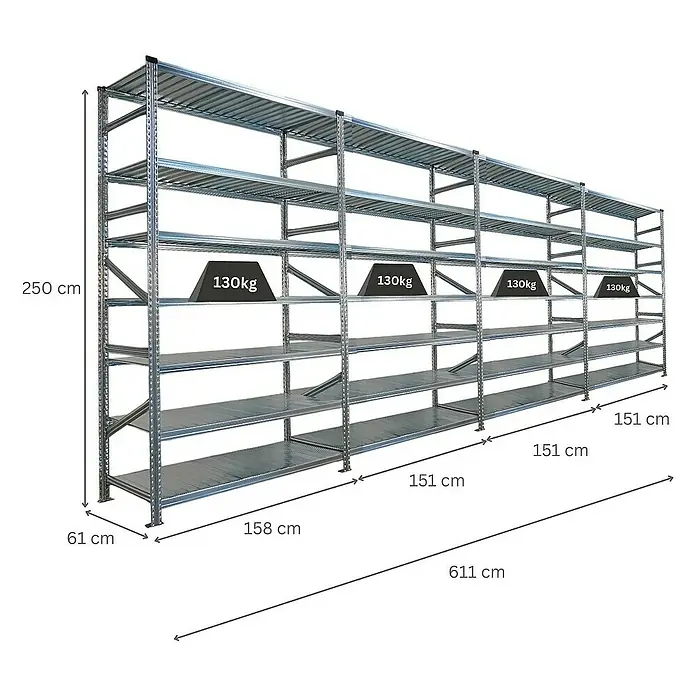 Proregal Metallregal Fachbodenregal PROXIMO 1x Grundregal + 3x Anbauregal - Traglast pro Boden: 200 kg, Anzahl Böden: 7 Stk., Stecken, Verzinkt - Abbildung eines Schwerlastregals mit mehreren Ebenen, beschriftet mit Größenangaben und Gewichten.