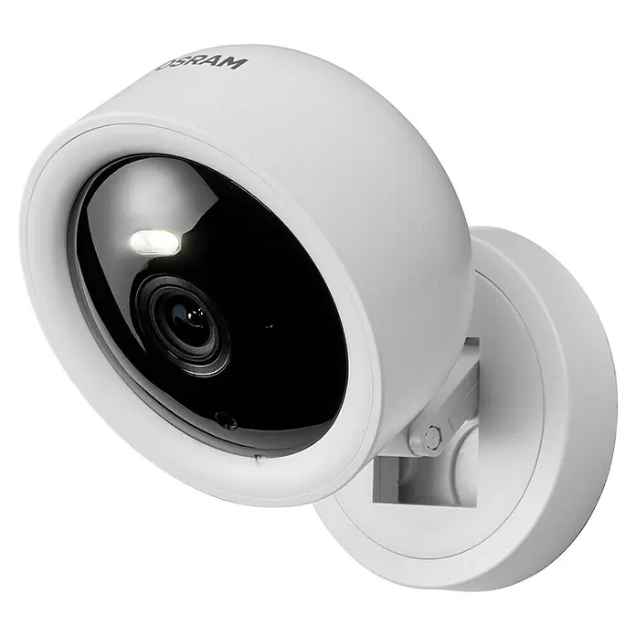 Osram Smart+ Überwachungskamera Fixed - Passend für: Alarmsystem, Smart Home System - Nahaufnahme einer Osram Überwachungskamera in Weiß. Sie verfügt über eine runde Form und ist an einer Wandhalterung befestigt.