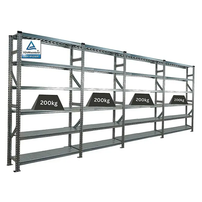 Proregal Metallregal Fachbodenregal PROXIMO 1x Grundregal + 3x Anbauregal - Traglast pro Boden: 200 kg, Anzahl Böden: 6 Stk., Stecken, Verzinkt - Abbildung eines Schwerlastregals aus Metall mit mehreren Regalböden und Gewichten zur Gewichtsverteilung.
