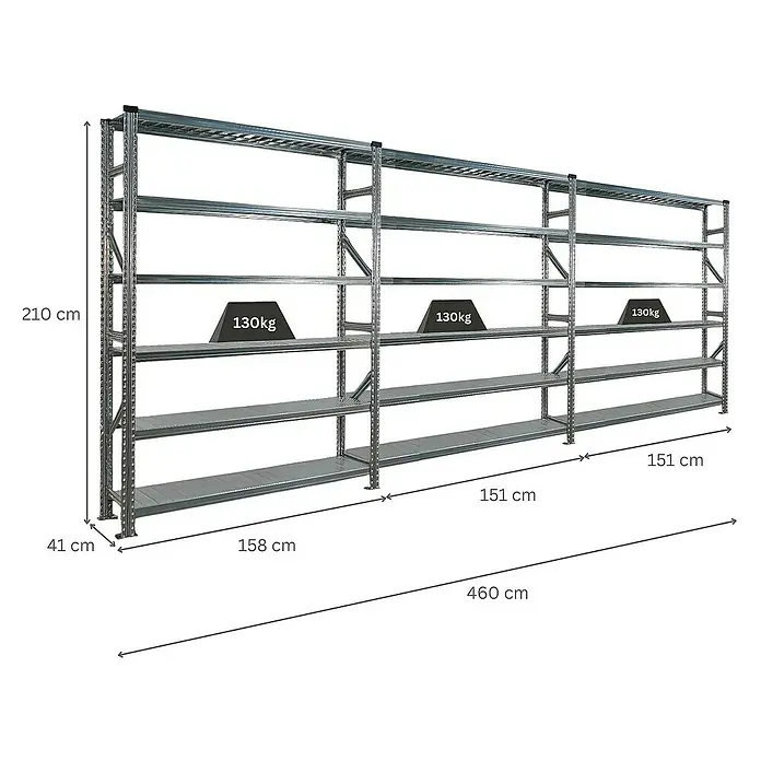 Proregal Metallregal Fachbodenregal PROXIMO 1x Grundregal + 2x Anbauregal - Traglast pro Boden: 200 kg, Anzahl Böden: 6 Stk., Stecken, Verzinkt - Metallregal mit mehreren Ebenen und Gewichtsangaben zur Darstellung der Tragfähigkeit.