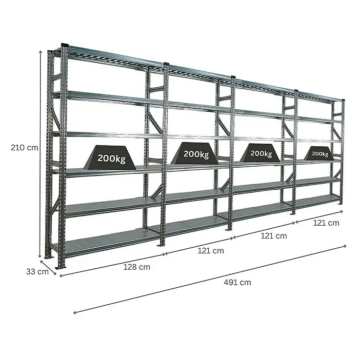 Proregal Metallregal Fachbodenregal PROXIMO 1x Grundregal + 3x Anbauregal - Traglast pro Boden: 200 kg, Anzahl Böden: 6 Stk., Stecken, Verzinkt - Abbildung eines robusten Metallregalsystems mit mehreren Ebenen, das mit Gewichten von 200 kg belastet ist, und den dazugehörigen Maßangaben.