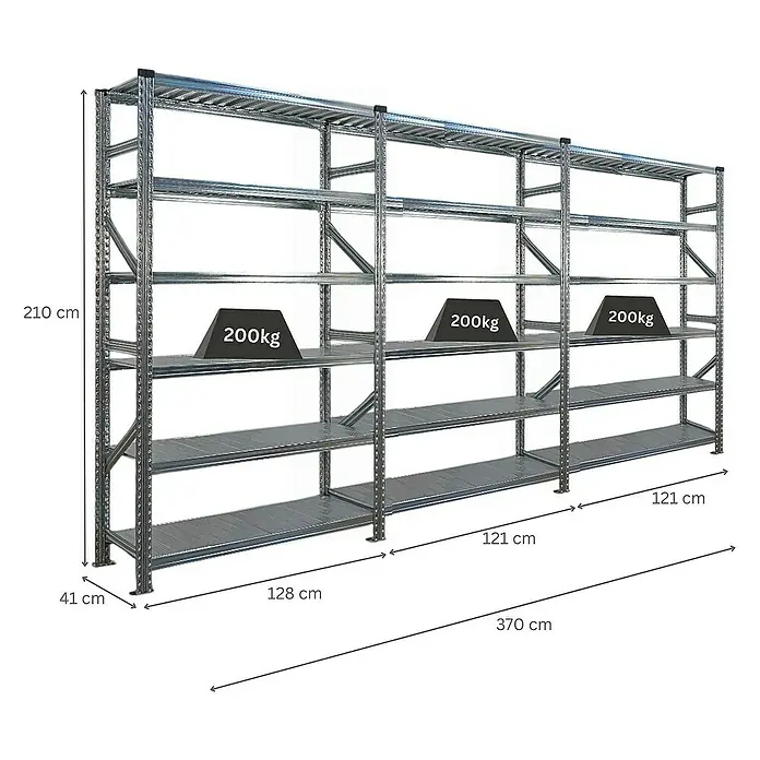 Proregal Metallregal Fachbodenregal PROXIMO 1x Grundregal + 2x Anbauregal - Traglast pro Boden: 200 kg, Anzahl Böden: 6 Stk., Stecken, Verzinkt - Nahaufnahme eines Schwerlastregals aus Metall mit Gewichtsangaben, das Stabilität und Kapazität betont.