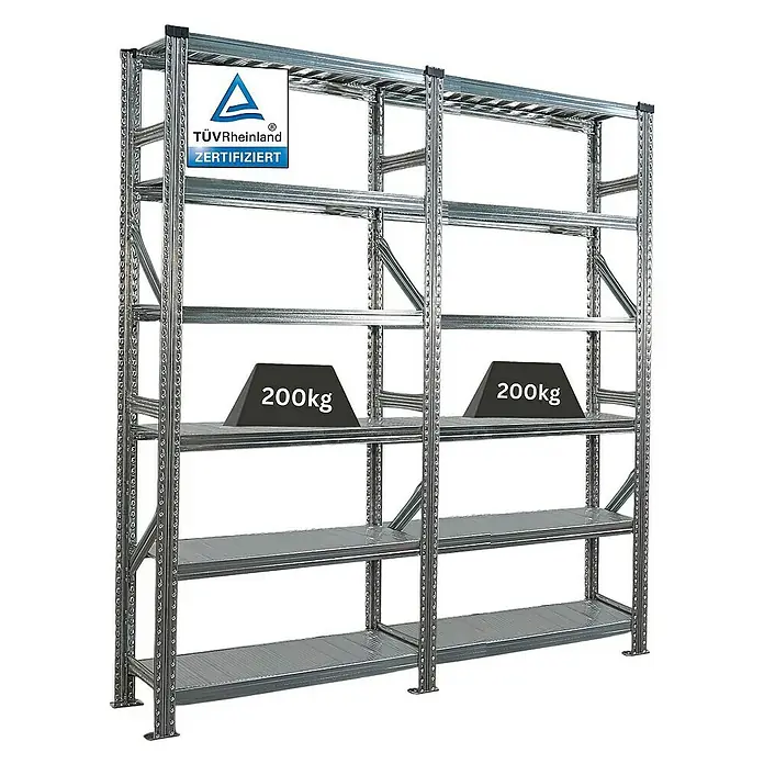Proregal Metallregal Fachbodenregal PROXIMO 1x Grundregal + 1x Anbauregal - Traglast pro Boden: 200 kg, Anzahl Böden: 6 Stk., Stecken, Verzinkt - Metallregal mit mehreren Ebenen, auf zwei davon Gewichte von 200 kg. Zertifiziert für hohe Belastbarkeit und Stabilität.