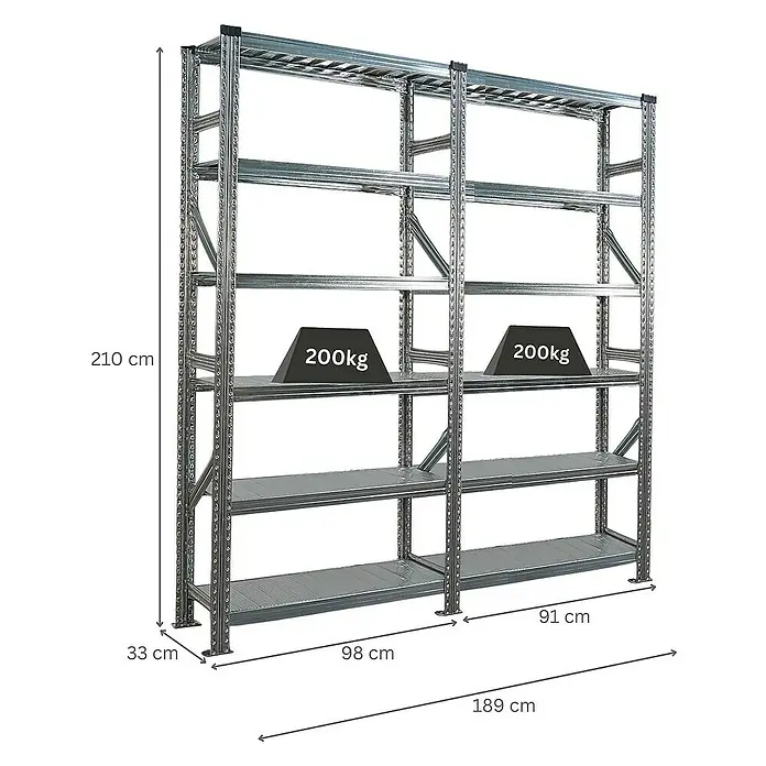 Proregal Metallregal Fachbodenregal PROXIMO 1x Grundregal + 1x Anbauregal - Traglast pro Boden: 200 kg, Anzahl Böden: 6 Stk., Stecken, Verzinkt - Ein robustes Metallregal mit mehreren Ebenen, ideal für Lagerung und Organisation, mit Gewichtsangaben.