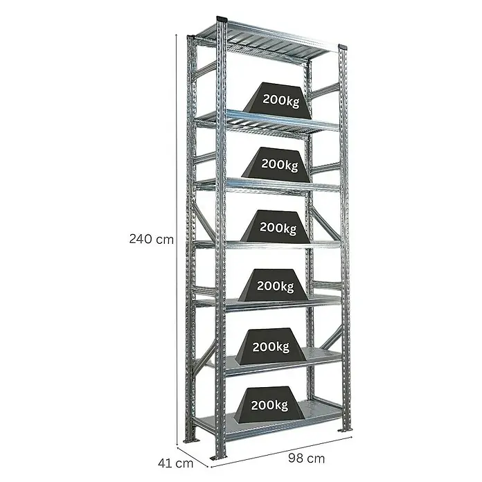 Proregal Metallregal Fachbodenregal PROXIMO Grundregal - H x B x T: 240 x 90 x 40 cm, Traglast pro Boden: 200 kg, Anzahl Böden: 7 Stk., Stecken, Verzinkt - Ein Metallregal mit sechs Ebenen, von denen jede mit einem Gewicht von 200 kg beladen ist. Die Regale sind robust und für schwere Lasten ausgelegt.