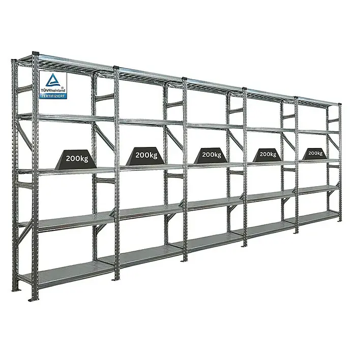 Proregal Metallregal Fachbodenregal PROXIMO 1x Grundregal + 4x Anbauregal - Traglast pro Boden: 200 kg, Anzahl Böden: 5 Stk., Stecken, Verzinkt - Metallregal mit mehreren Ebenen, belastbar mit bis zu 200 kg pro Ebene, ideal für Lagerung und Organisation.