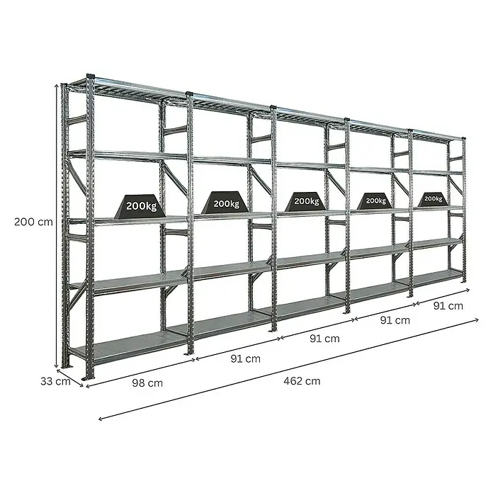 Proregal Metallregal Fachbodenregal PROXIMO 1x Grundregal + 4x Anbauregal - Traglast pro Boden: 200 kg, Anzahl Böden: 5 Stk., Stecken, Verzinkt - Ein stabiles, graues Schwerlastregal mit mehreren Ebenen, belastet mit Gewichten, ideal für Lagerung.