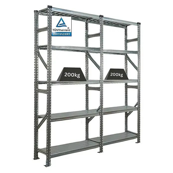 Proregal Metallregal Fachbodenregal PROXIMO 1x Grundregal + 1x Anbauregal - Traglast pro Boden: 200 kg, Anzahl Böden: 5 Stk., Stecken, Verzinkt - Regal mit vier Ebenen, zertifiziert durch TÜV Rheinland und belastbar mit je 200kg pro Ebene.