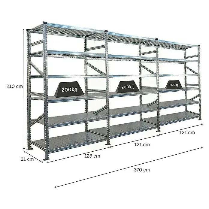 Proregal Metallregal Fachbodenregal PROXIMO 1x Grundregal + 2x Anbauregal - Traglast pro Boden: 200 kg, Anzahl Böden: 6 Stk., Stecken, Verzinkt - Abbildung eines Schwerlastregals aus Metall mit mehreren Ebenen und einer Traglast von 200 kg pro Ebene.