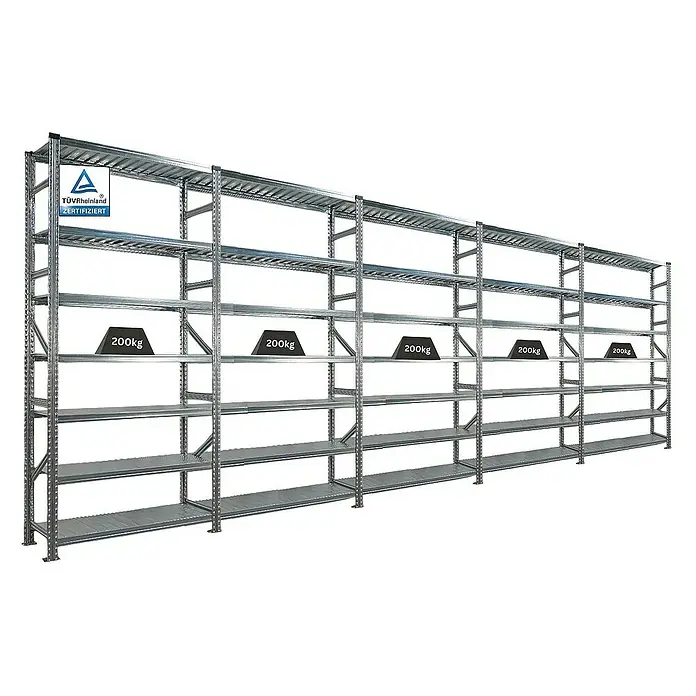 Proregal Metallregal Fachbodenregal PROXIMO 1x Grundregal + 4x Anbauregal - Traglast pro Boden: 200 kg, Anzahl Böden: 7 Stk., Stecken, Verzinkt - Regalsystem aus Metall mit fünf Ebenen, geprüft vom TÜV Rheinland, ideal für Lagerung mit einer Traglast von 200 kg pro Ebene.