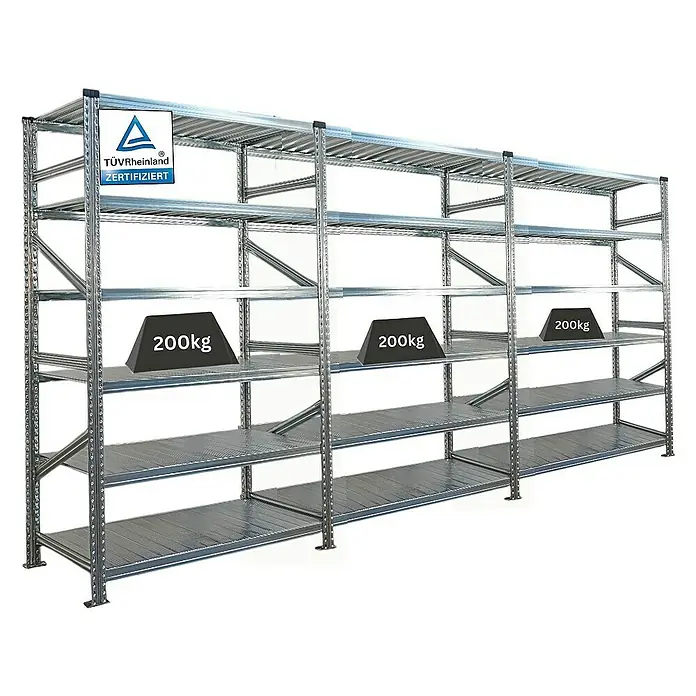 Proregal Metallregal Fachbodenregal PROXIMO 1x Grundregal + 2x Anbauregal - Traglast pro Boden: 200 kg, Anzahl Böden: 6 Stk., Stecken, Verzinkt - Schwerlastregal mit 200kg Gewichten auf jeder Ablage für Lagerung und Organisation.