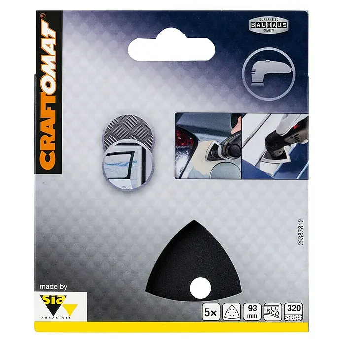 Craftomat Papel de lija Delta - An x L: 93 x 93 mm, Grano: 320 mm, 5 ud., Metal - Paquete de lijas delta CRAFTOMAT para lijadora de detalle, 5 unidades, tamaño 93 mm, grano 320 para pulido.