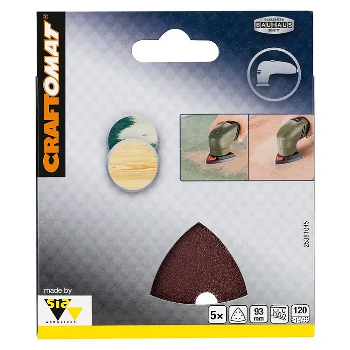 Craftomat Papel de lija Delta - An x L: 93 x 93 mm, Grano: 120 mm, 5 ud., Madera - Juego de papel de lija Craftomat con hojas de lija triangulares para multi lijadora, grano 120, para trabajos de lijado fino.