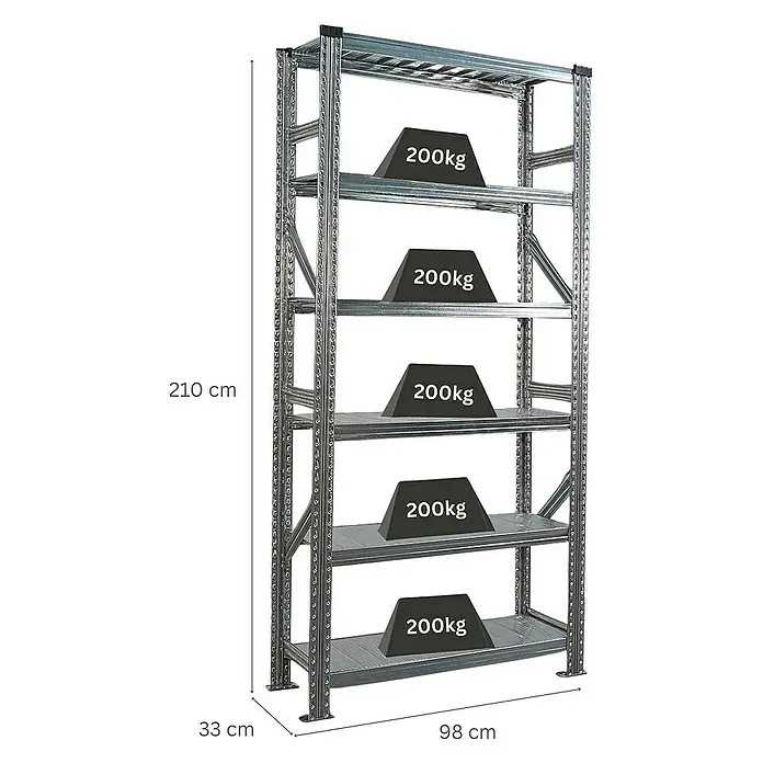 Proregal Metallregal Fachbodenregal PROXIMO Grundregal - Traglast pro Boden: 200 kg, Anzahl Böden: 6 Stk., Stecken, Verzinkt - Regal mit 5 Böden, beladen mit 200kg Gewichten pro Boden, Maße: 210 cm Höhe, 98 cm Breite, 33 cm Tiefe.