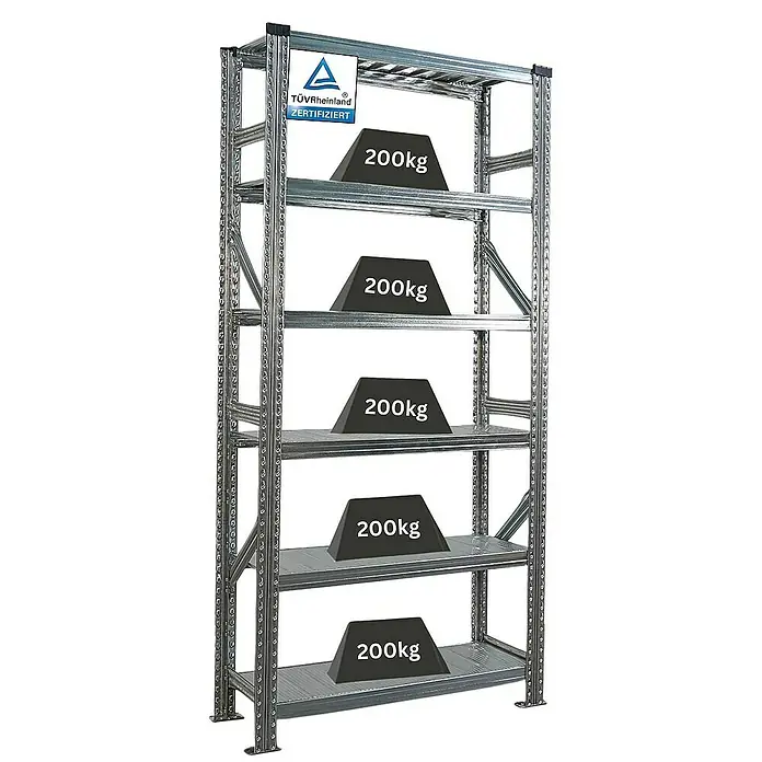 Proregal Metallregal Fachbodenregal PROXIMO Grundregal - Traglast pro Boden: 200 kg, Anzahl Böden: 6 Stk., Stecken, Verzinkt - Metallregal mit fünf Regalböden, jeder mit 200kg Belastung, TÜV Rheinland zertifiziert.