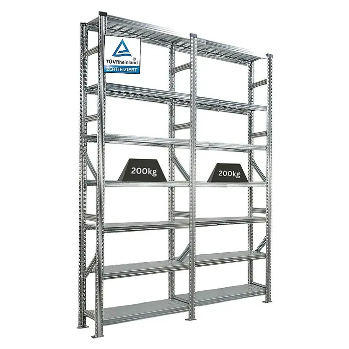 Proregal Metallregal Fachbodenregal PROXIMO 1x Grundregal + 1x Anbauregal - H x B x T: 250 x 90 x 32 cm, Traglast pro Boden: 200 kg, Anzahl Böden: 7 Stk., Stecken, Verzinkt - Das Bild zeigt ein stabiles Metallregal mit mehreren Ebenen, von denen einige mit 200 kg belastet sind. Das Regal ist TÜV-Rheinland zertifiziert.
