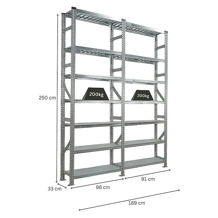 Proregal Metallregal Fachbodenregal PROXIMO 1x Grundregal + 1x Anbauregal - H x B x T: 250 x 90 x 32 cm, Traglast pro Boden: 200 kg, Anzahl Böden: 7 Stk., Stecken, Verzinkt - Bild eines Lagerregals mit fünf Ebenen und den Maßen 250 x 189 x 33 cm. Es können bis zu 200 kg pro Ebene gelagert werden.