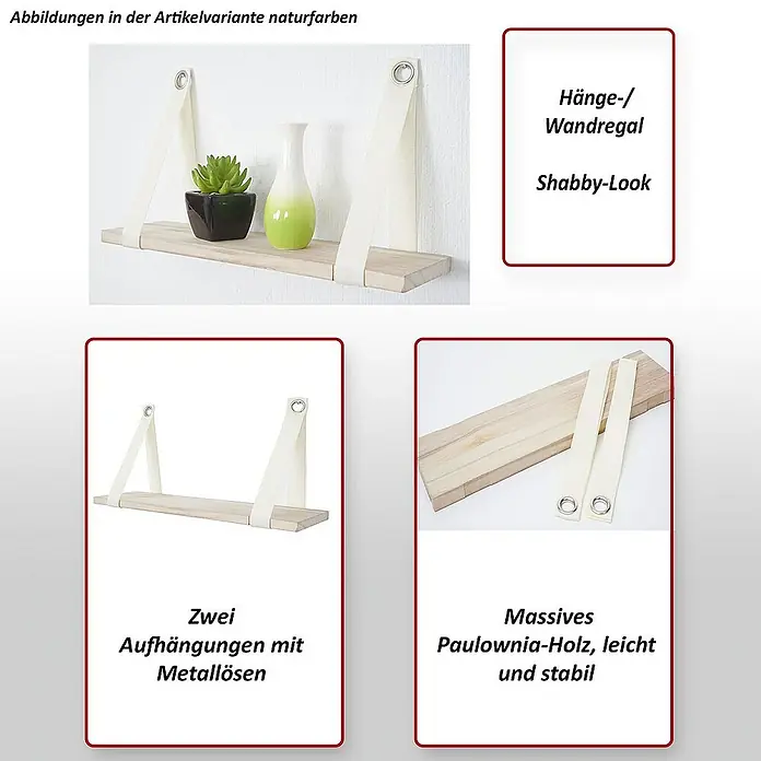 Berlinlodge Holzregal Wandregal - Anzahl Böden: 1 Stk., Einhängen, Natur - Abbildungen eines Hängeregal im Shabby-Look mit zwei Aufhängungen und Metallösen aus massivem Paulownia-Holz, leicht und stabil.