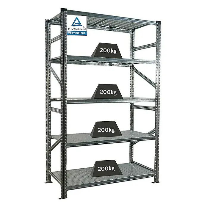 Proregal Metallregal Fachbodenregal PROXIMO Grundregal - Traglast pro Boden: 200 kg, Anzahl Böden: 5 Stk., Stecken, Verzinkt - Lagerregal mit vier Regalböden, belastet mit je 200 kg, TÜV-Rheinland zertifiziert für hohe Sicherheit und Qualität.