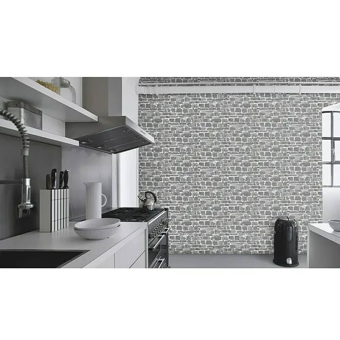 Rasch Papiertapete - Grau, Steinoptik, 10,05 x 0,53 m - Küche mit grauer Steinwand-Tapete.