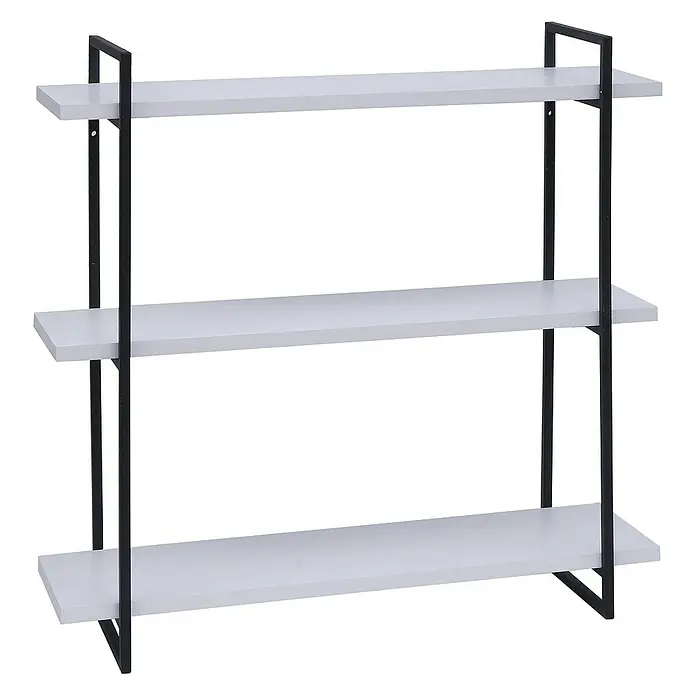 Berlinlodge Holzregal Wandregal - H x B x T: 60 x 60 x 18 cm, Anzahl Böden: 3 Stk., Einhängen, Weiß - Schwarz - Modernes Wandregal mit drei Ebenen und schwarzem Metallgestell. Ideal für Wohnzimmer, Schlafzimmer oder Büro.