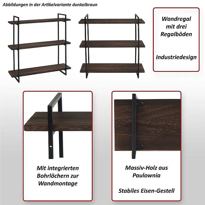 Berlinlodge Holzregal Wandregal - H x B x T: 60 x 60 x 18 cm, Anzahl Böden: 3 Stk., Einhängen, Weiß - Schwarz - Produktabbildung eines Wandregals in dunklem Braun mit drei Regalböden im Industriedesign.