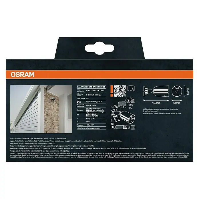 Osram Smart+ Überwachungskamera Outdoor Fixed - Passend für: Alarmsystem, Smart Home System - Verpackungsrückseite der OSRAM Smart WiFi-Außenkamera mit technischen Daten und Zubehördetails für eine einfache Installation.
