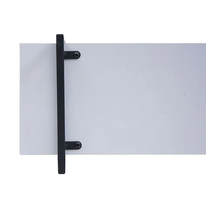 Berlinlodge Holzregal Wandregal - H x B x T: 60 x 60 x 18 cm, Anzahl Böden: 3 Stk., Einhängen, Weiß - Schwarz - Nahaufnahme einer schwebenden weißen Ablage mit einer vertikalen schwarzen Halterung, die mit Schrauben an der Ablage befestigt ist.