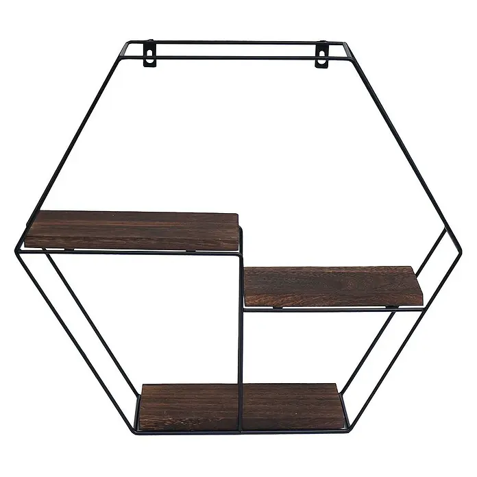 Berlinlodge Holzregal Wandregal sechseckig - H x B x T: 43 x 49 x 11 cm, Anzahl Böden: 3 Stk., Einhängen, Braun - Hexagonales Wandregal mit drei Ebenen aus Holz und schwarzem Metall.