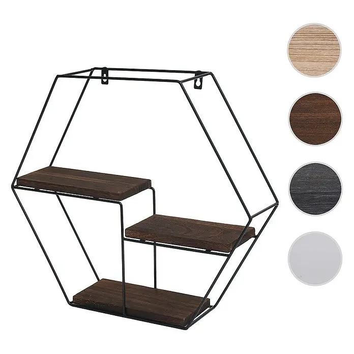 Berlinlodge Holzregal Wandregal sechseckig - H x B x T: 43 x 49 x 11 cm, Anzahl Böden: 3 Stk., Einhängen, Braun - Schweberegal in geometrischem Design mit drei Ablagen und vier Farbfeldern zur Auswahl.